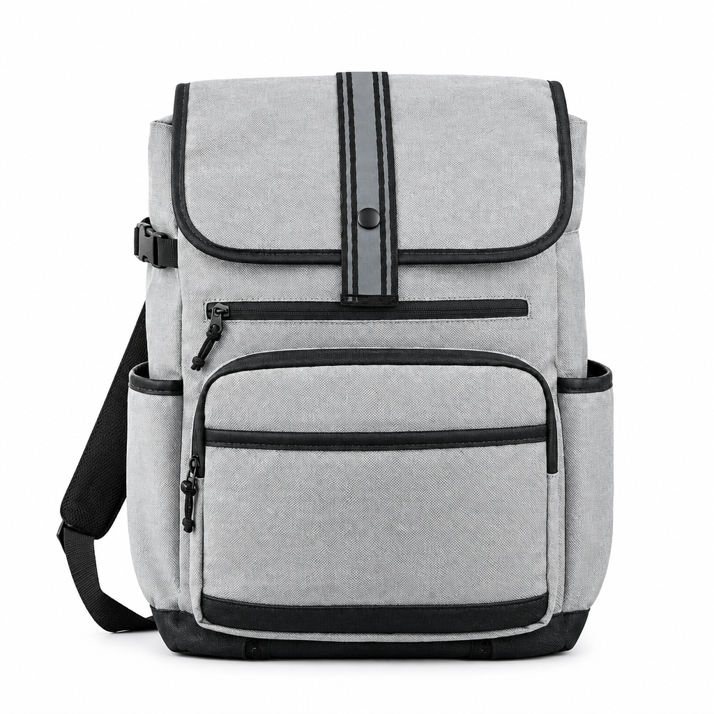 Light grey flap-top backpack with black trim and front zip pockets