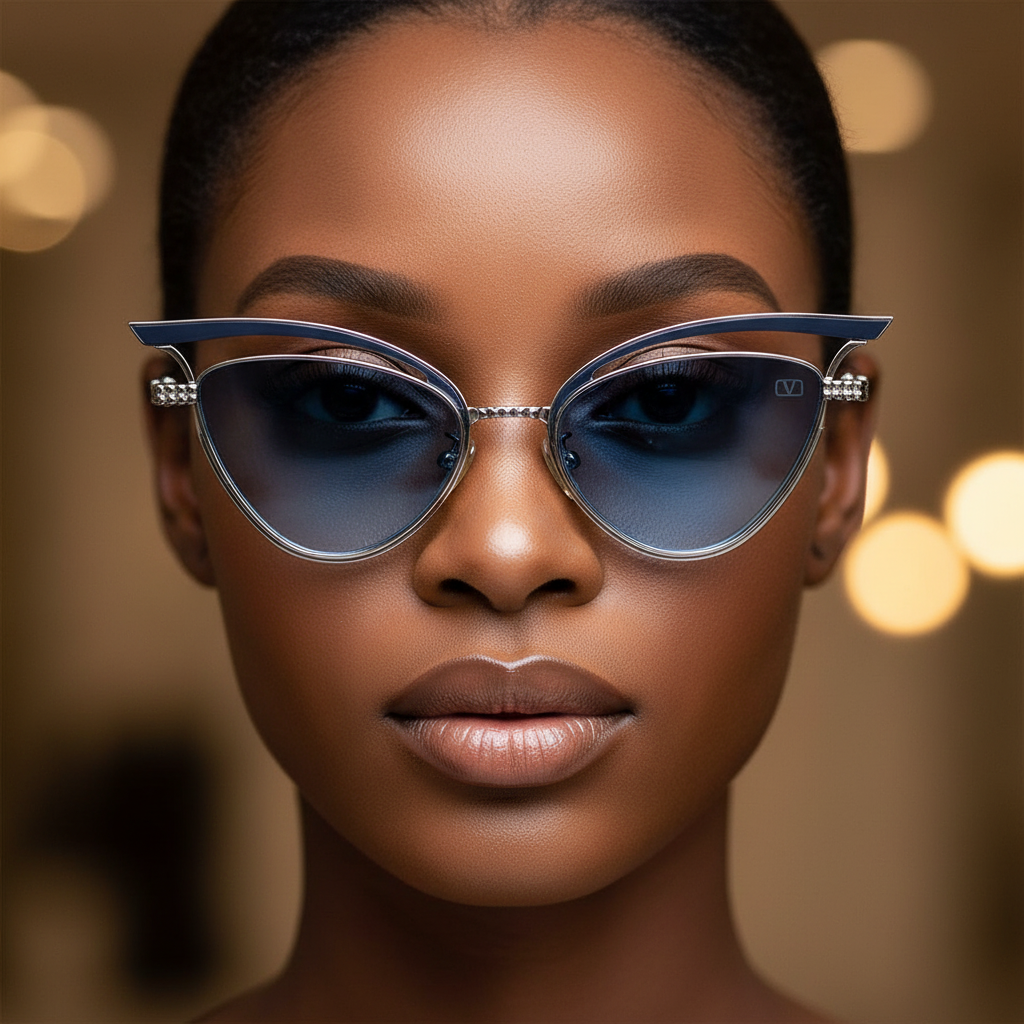 Nigerian female model wearing cat-eye sunglasses dark navy double-wire frame gradient blue lens chain-link bridge slim silver arms
