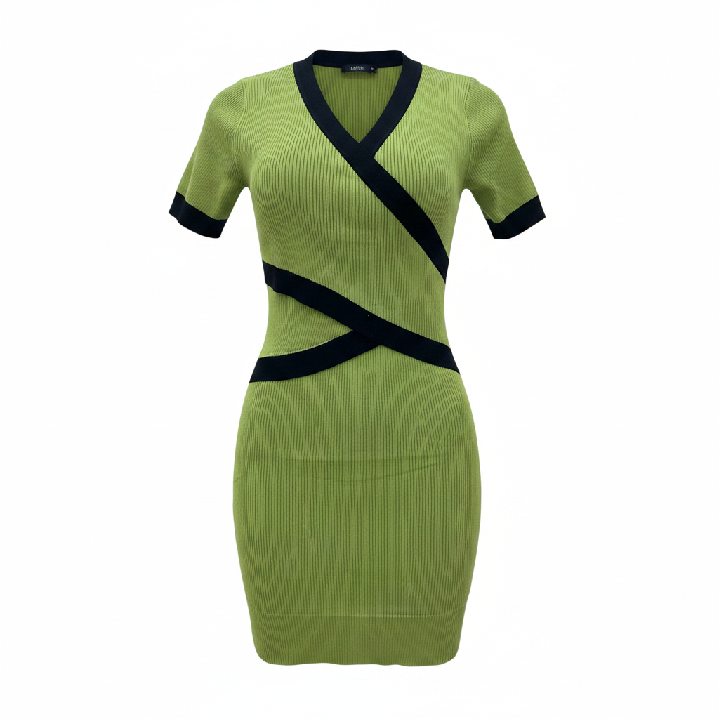 Women's lime green ribbed bodycon cross-wrap mini dress - ghost mannequin front view