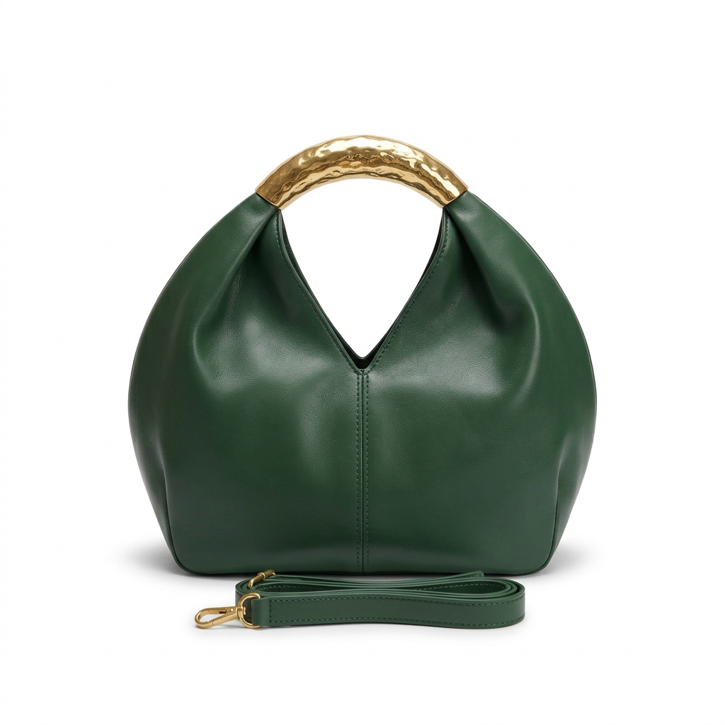 Deep-green rounded handbag without label with gold-tone handle and matching strap on white