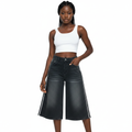 Grey side-stripe wide-leg denim shorts front view on model