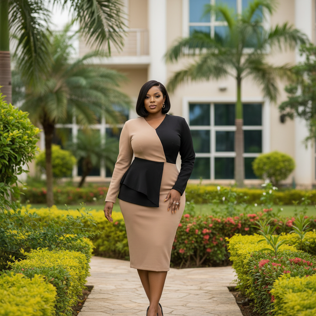 Nigerian female model wearing Women's Nude & Black Asymmetric Peplum Long-Sleeve Bodycon Midi Dress