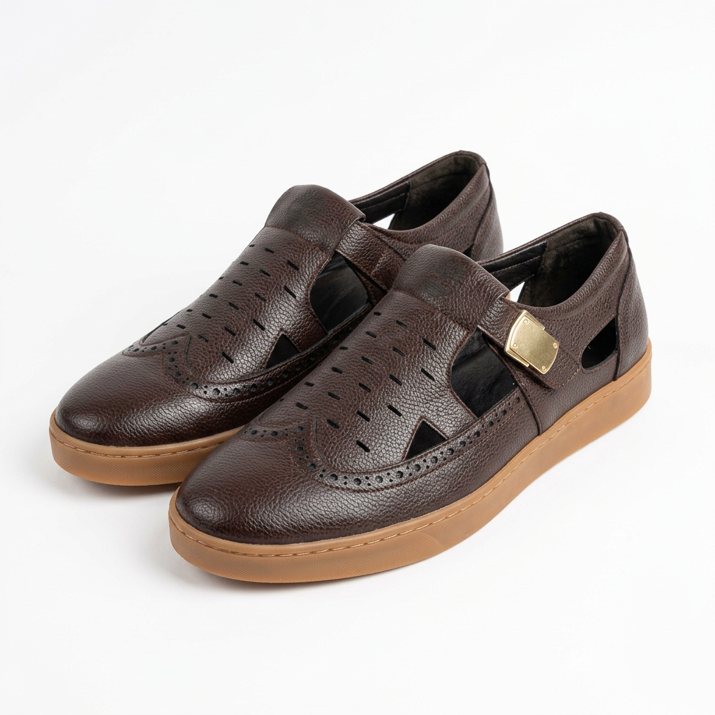 Pair of dark brown perforated slip on shoes with tan soles on white background