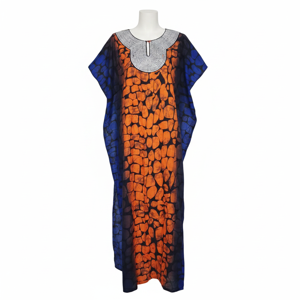 Ghost mannequin view of blue orange mosaic long bubu gown