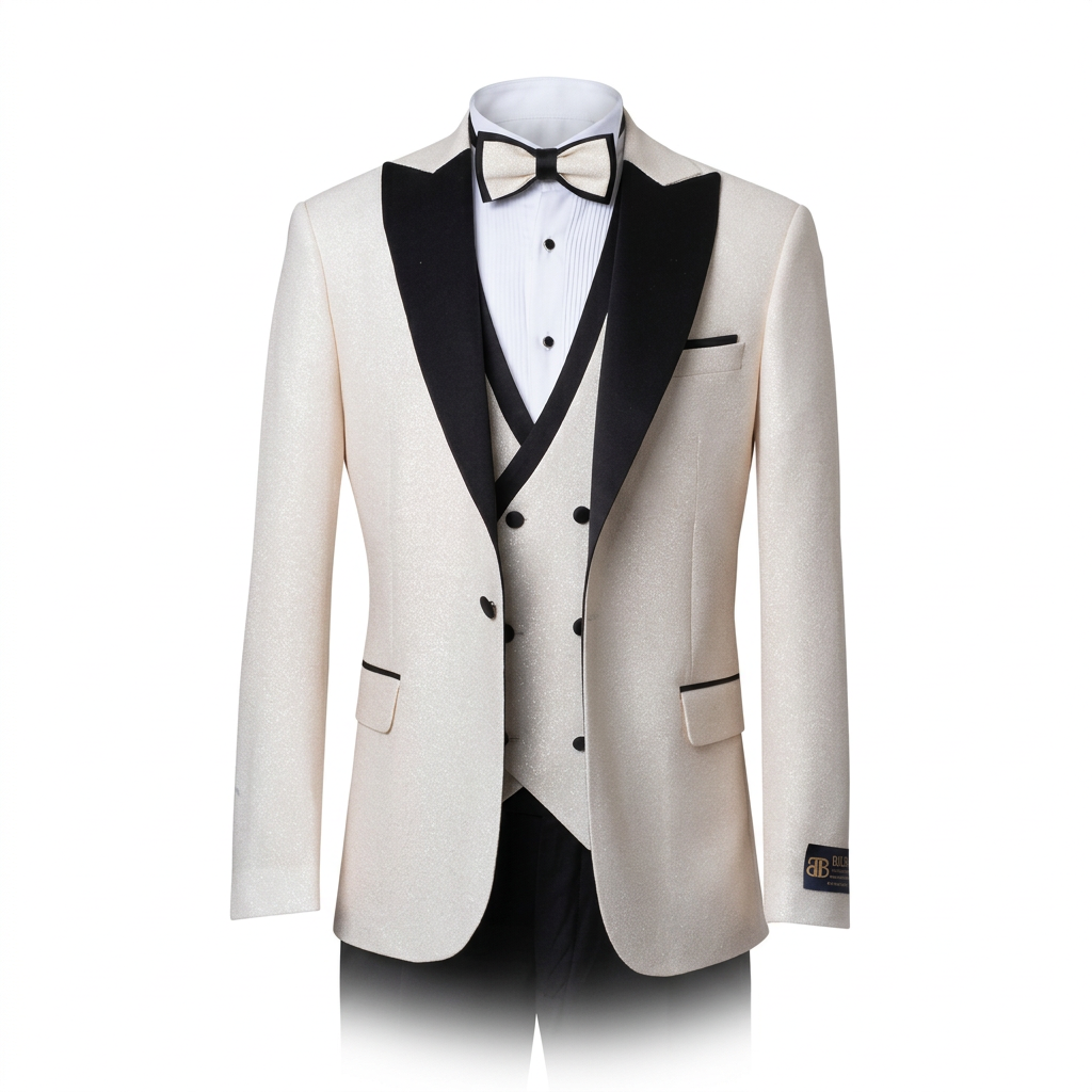 Ivory formal suit with black peak lapels and black-trimmed waistcoat on an invisible mannequin