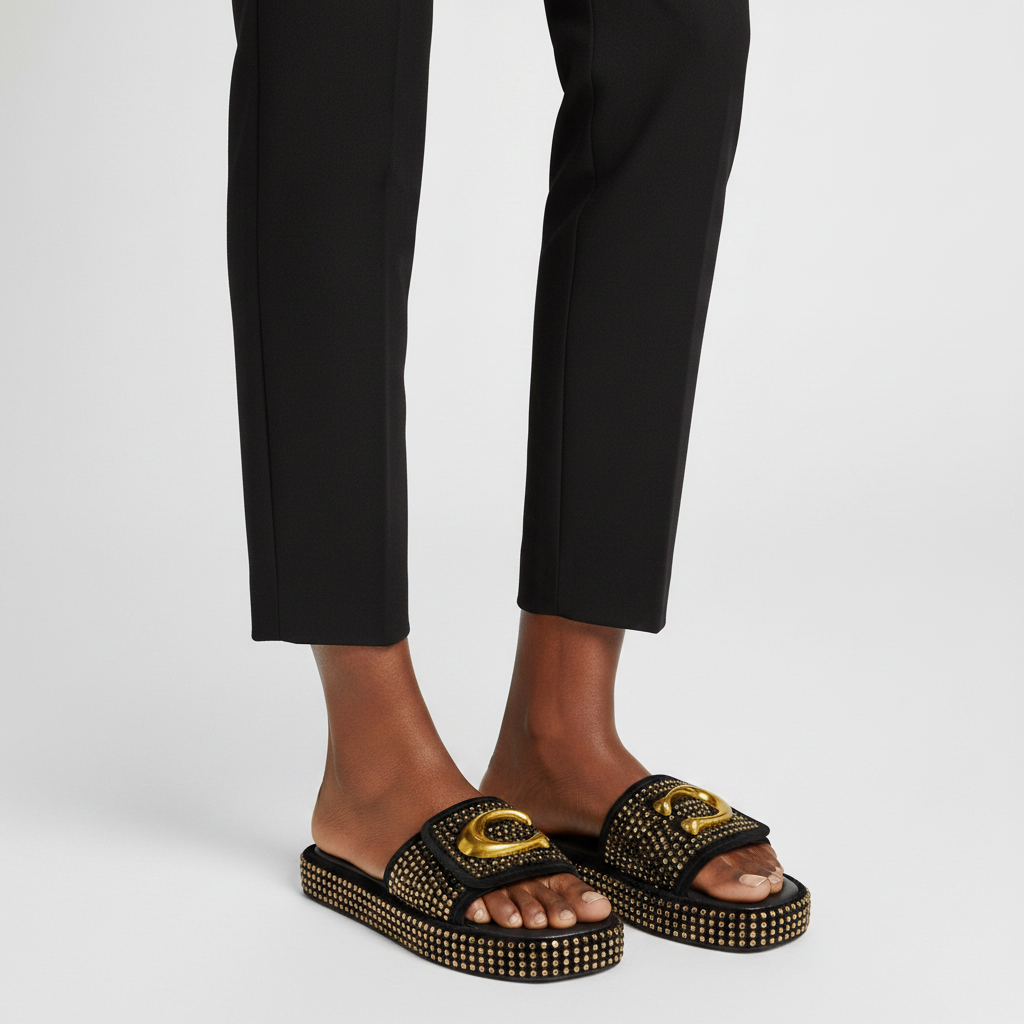 Women's Rhinestone Emblem Flat Slide Slipper - Black Design Model Leg Zoom