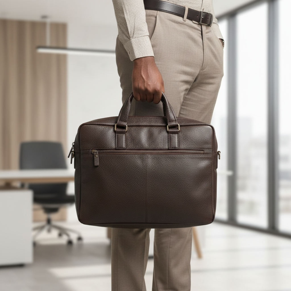 Chocolate brown leather laptop bag carried by Black Nigerian professional in office setting