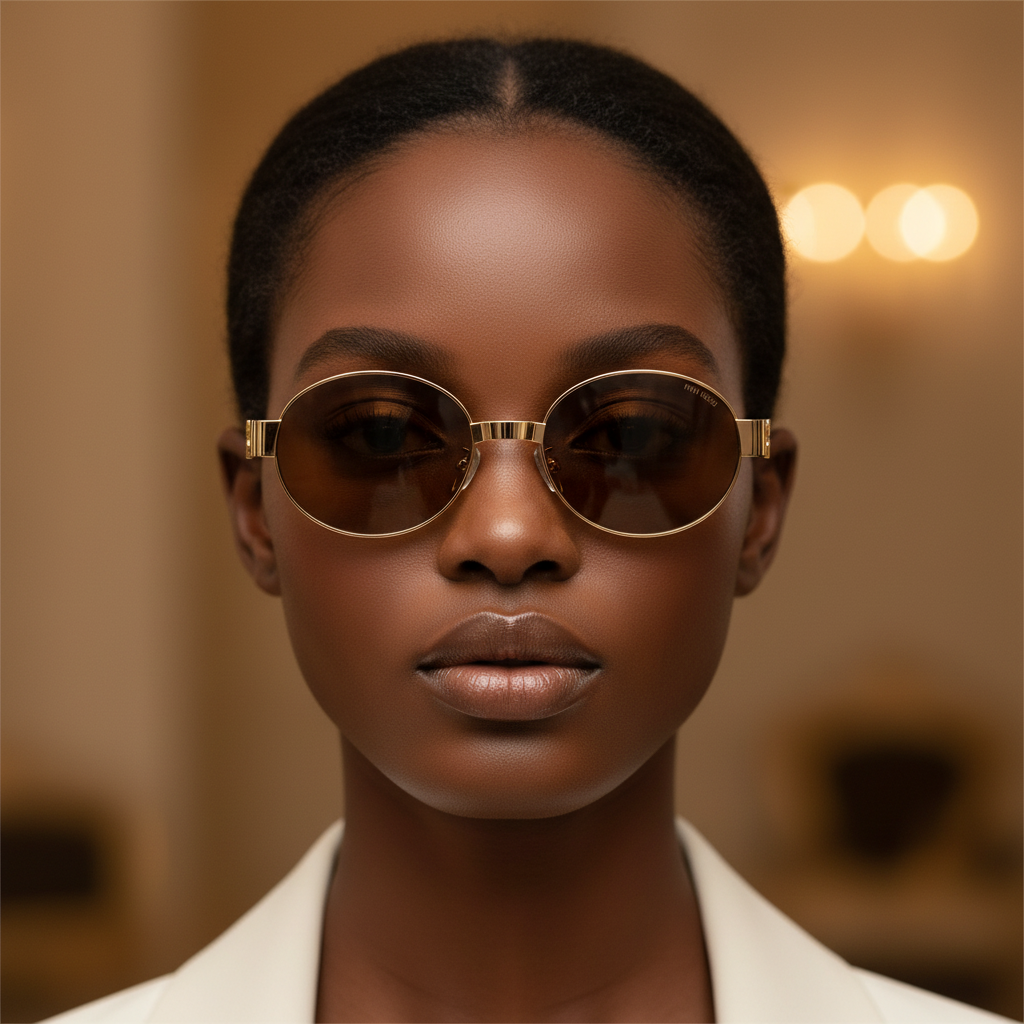Nigerian female model wearing round oval sunglasses slim gold metal frame solid brown amber lens chunky gold logo letter temple hardware – mannequin reference