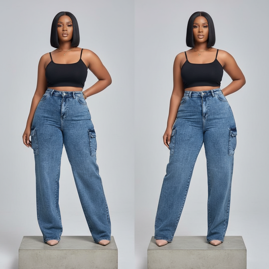 Blue Acid Wash High-Waist Wide-Leg Cargo Jeans – Model Front