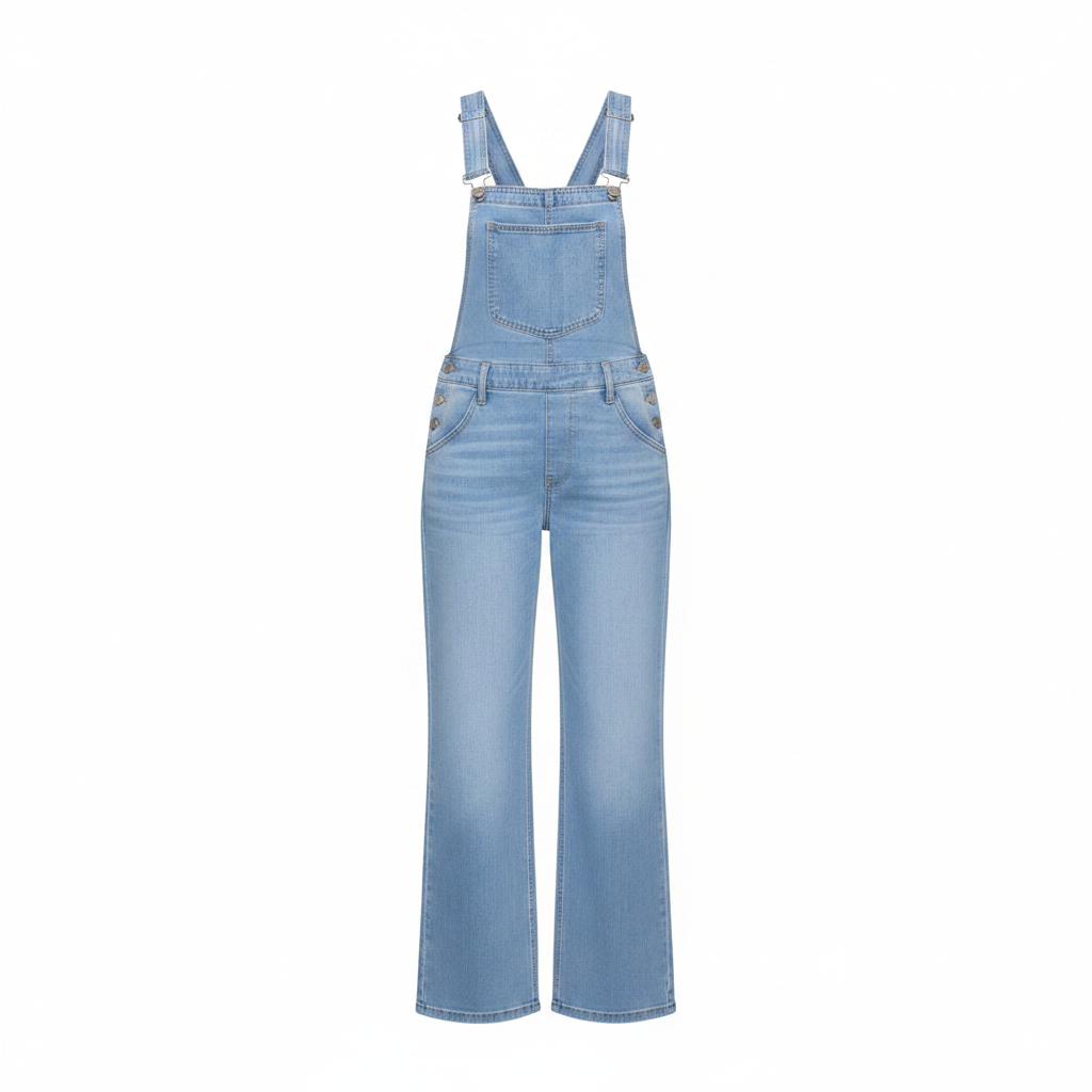 Light Blue Wide-Leg Denim Dungarees – Front Ghost Mannequin