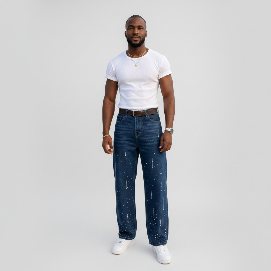 African male model wearing men's navy blue rhinestone embellished baggy wide-leg denim jeans