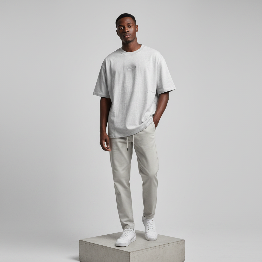 Grey Marl Feno Oval Logo Oversized Tee - Model Front