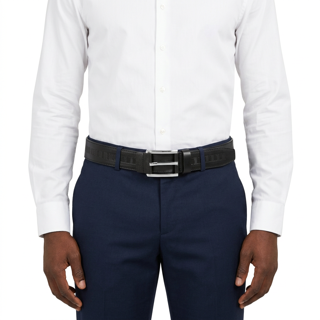 Model wearing black geometric belt with polished silver-tone buckle