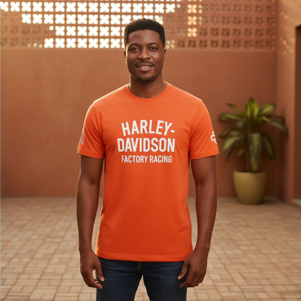 Nigerian male model wearing orange racing graphic tee, front view