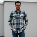 Nigerian model wearing Navy Flannel Plaid Long Sleeve Shirt – Front View