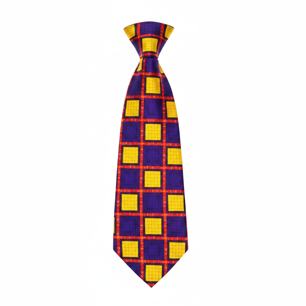 Men's purple yellow and orange geometric grid woven necktie ghost mannequin white background
