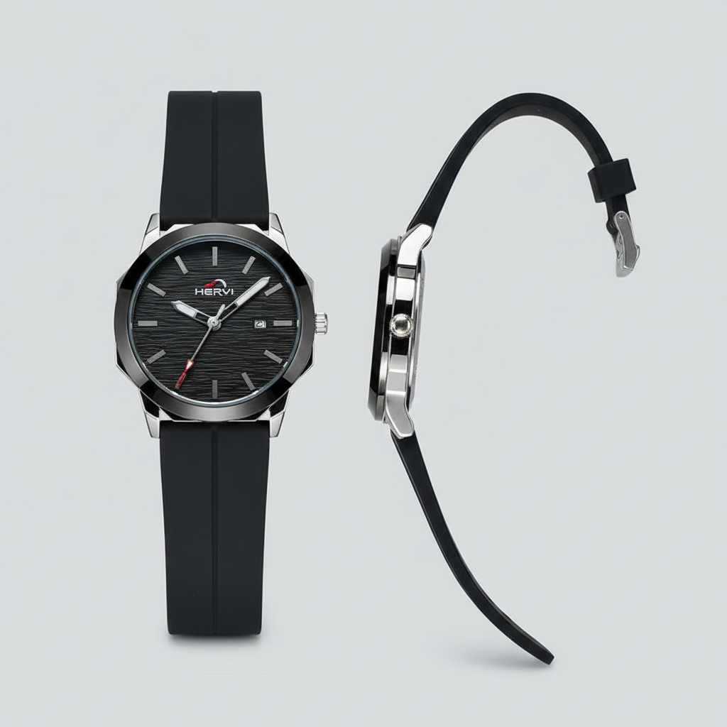 Black textured dial watch with black grooved strap and polished silver-tone case shown from the front and side