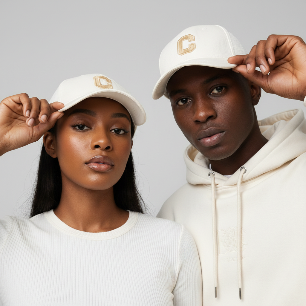 Nigerian Gen Z male and female models wearing cream C patch varsity baseball cap touching brim