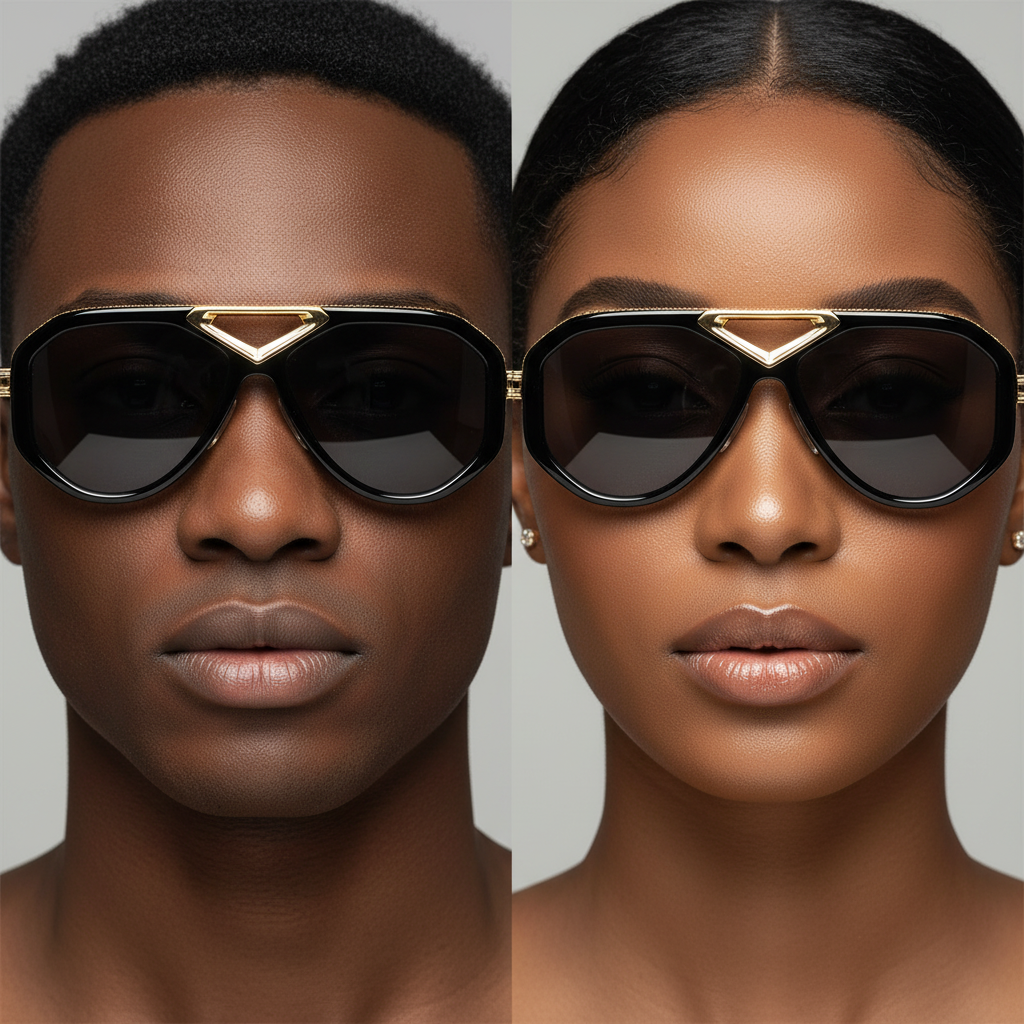 Male and female model dual shot — Aviator Sunglasses Black Gold Grey
