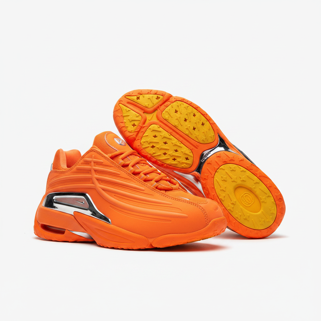 Nike Hot Step 2 all-orange chrome heel sneaker ghost mannequin product shot showing outsole, plain white background