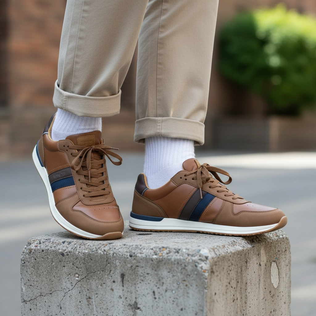 Model wearing tan leather lace-up sneakers with navy stripe panel leg shot