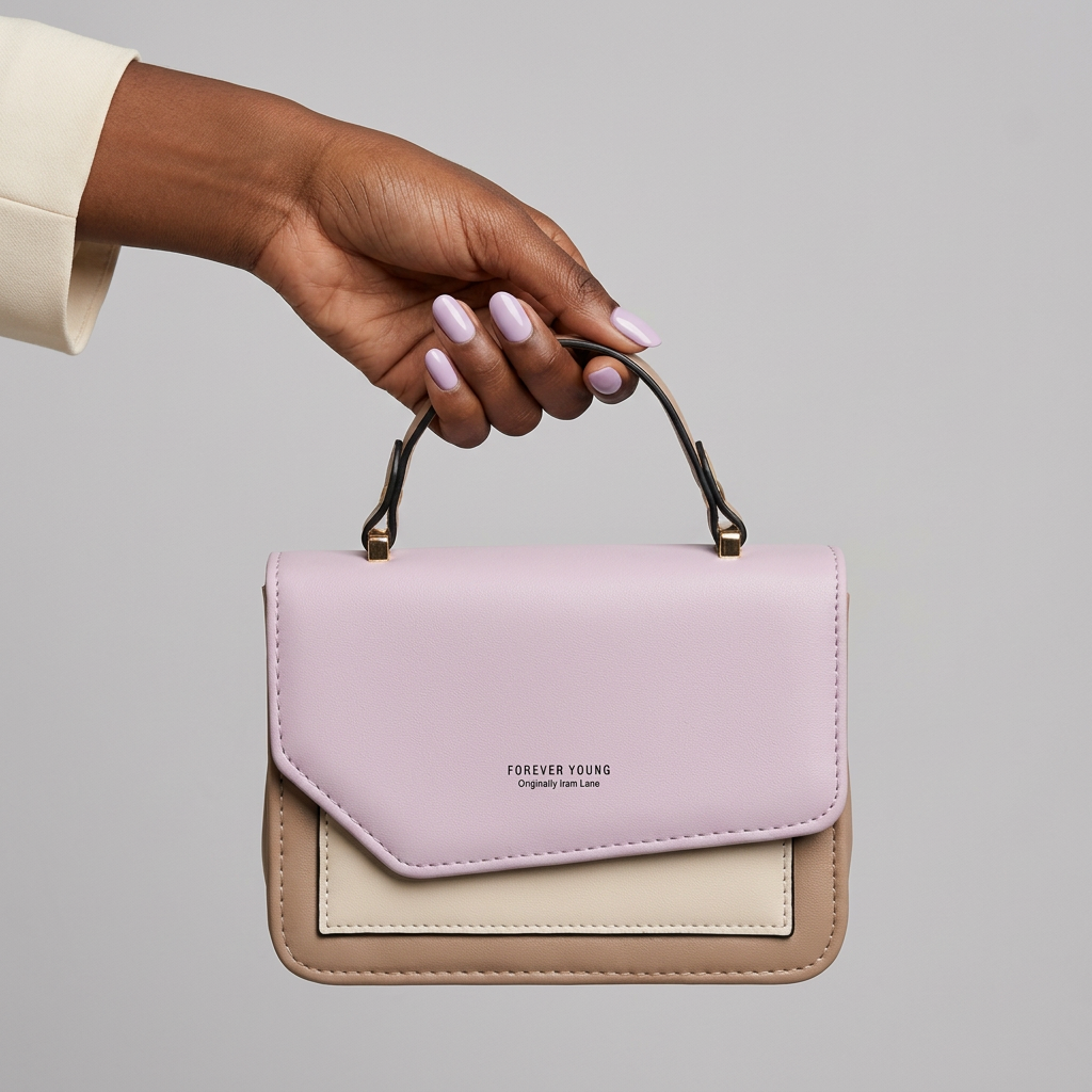 Manicured Black woman's hand holding lilac and taupe colour-block bag