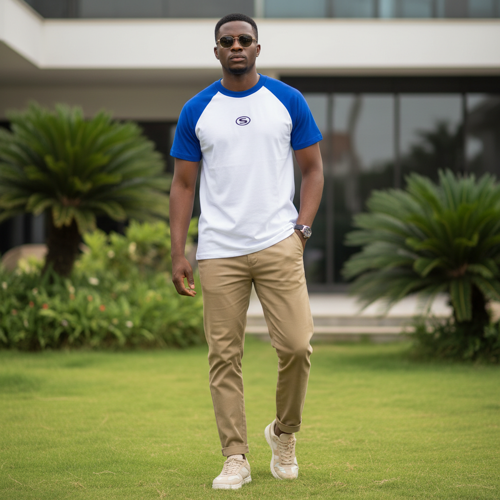 Men's White Blue Raglan Short Sleeve T-Shirt - Nigerian Male Model