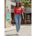Young Nigerian female model wearing red Mickey glitter lace crop tee