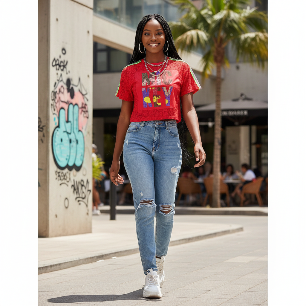 Young Nigerian female model wearing red Mickey glitter lace crop tee
