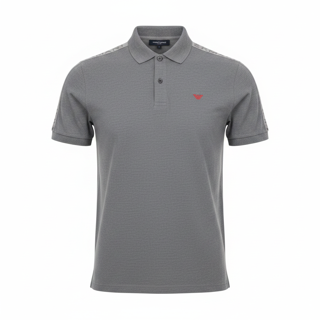 Men's grey marl polo shirt with branded shoulder tape and red eagle logo, ghost mannequin front view