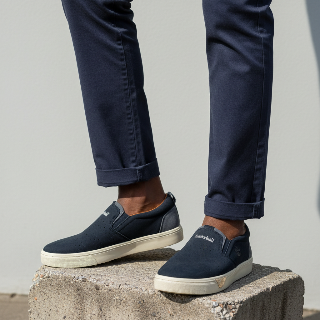 Men's Navy Blue Suede Slip-On Sneaker – Leg Focus Model Shot