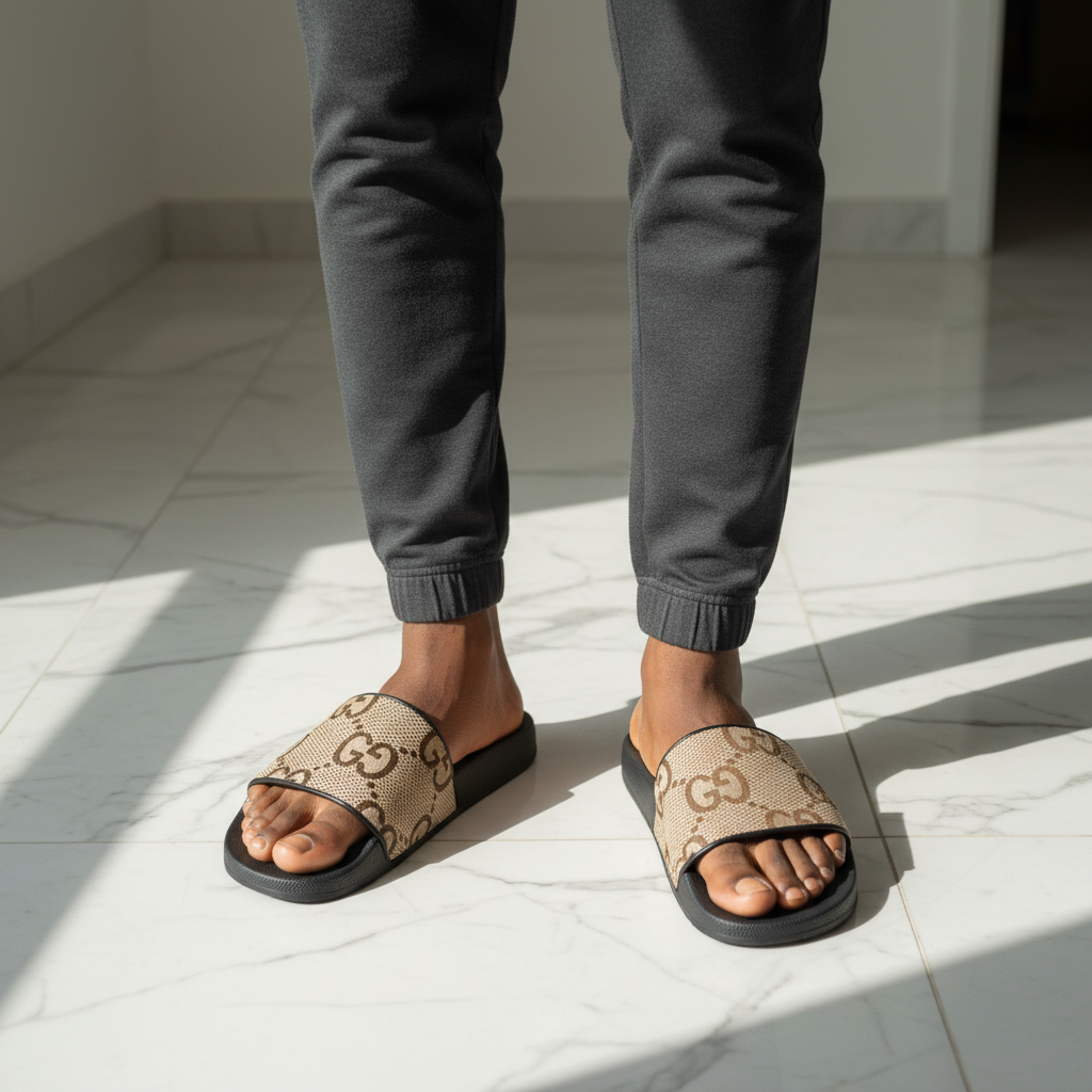Star Money Shoes GG Monogram Classic Canvas Slides – Model Shot