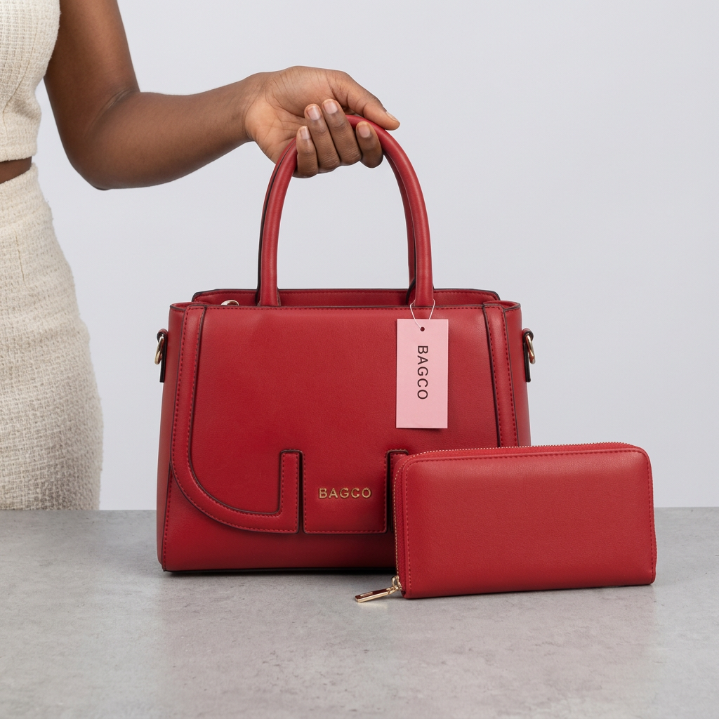 Hand holding red structured handbag with matching wallet