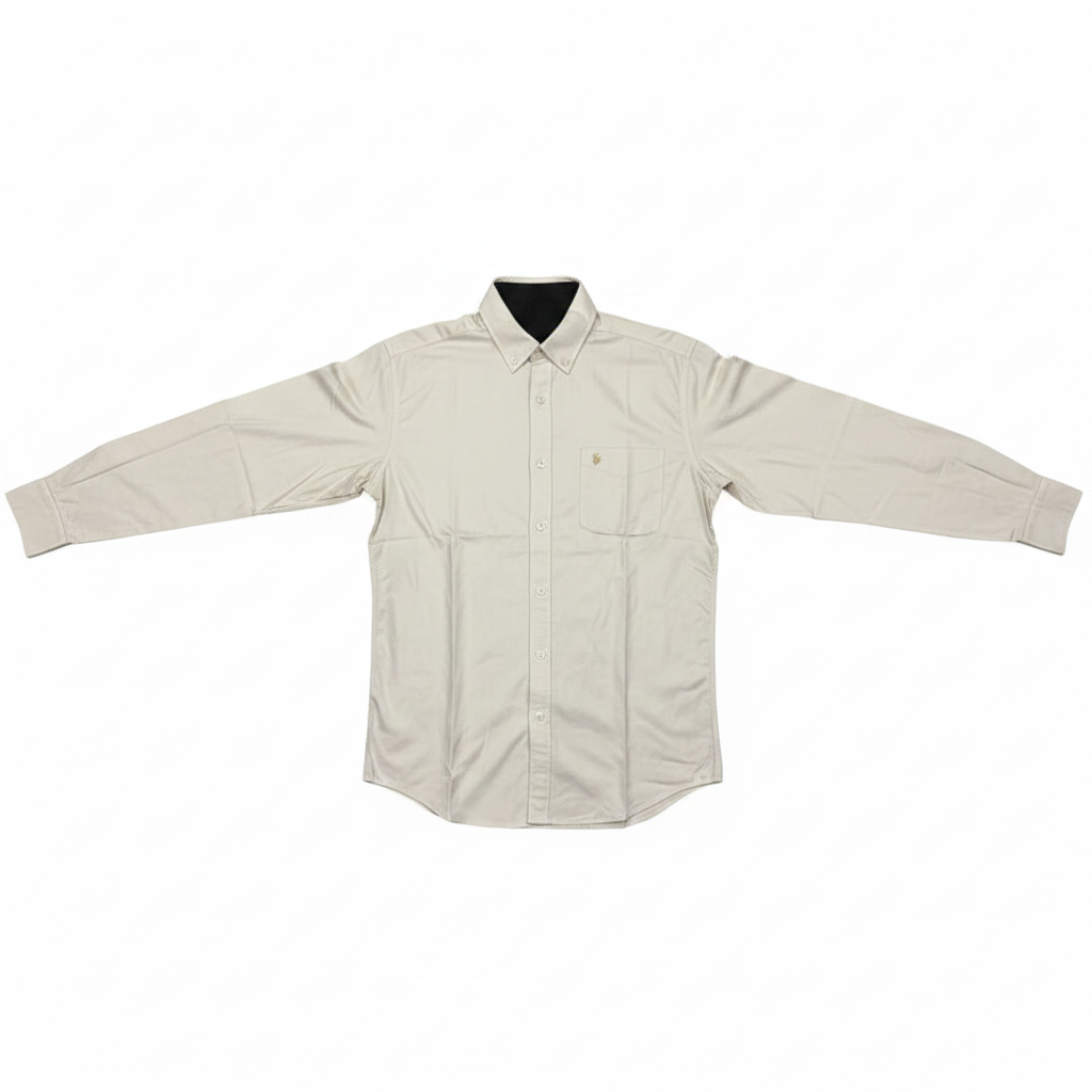 Men's off-white long-sleeve button-down casual shirt on ghost mannequin, white background