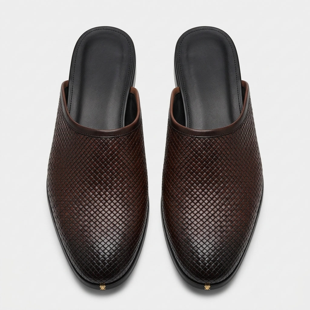 Men's brown woven-leather backless mules with heel, front view