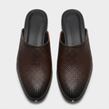 Men's brown woven-leather backless mules with heel, front view