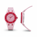 Unisex white octagonal pop watch with red bezel and blush pink dial, front and side view unified frame