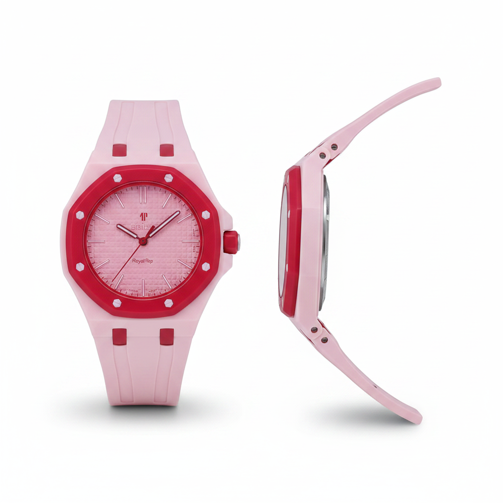 Unisex white octagonal pop watch with red bezel and blush pink dial, front and side view unified frame
