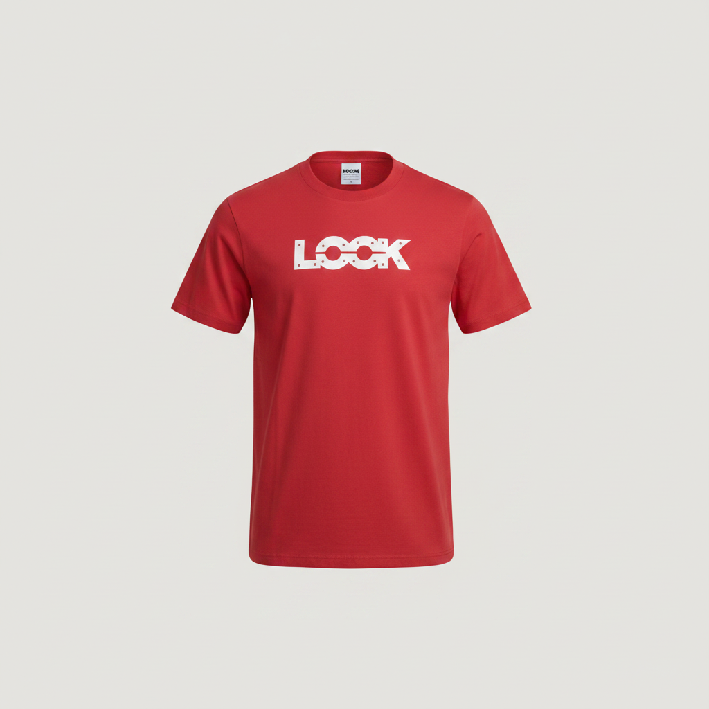 Men's red LOOK graphic T-shirt on a ghost mannequin