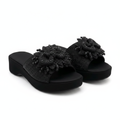 Women's black crystal floral embellished platform wedge slide — ghost mannequin pair view, left and right shoe