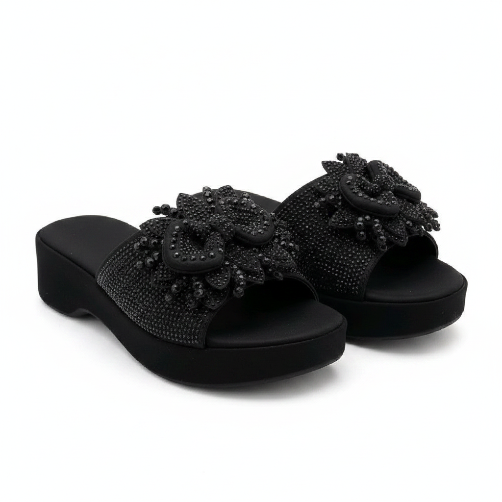 Women's black crystal floral embellished platform wedge slide — ghost mannequin pair view, left and right shoe