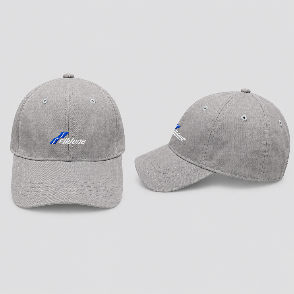 Unisex light grey embroidered baseball cap, front and side view