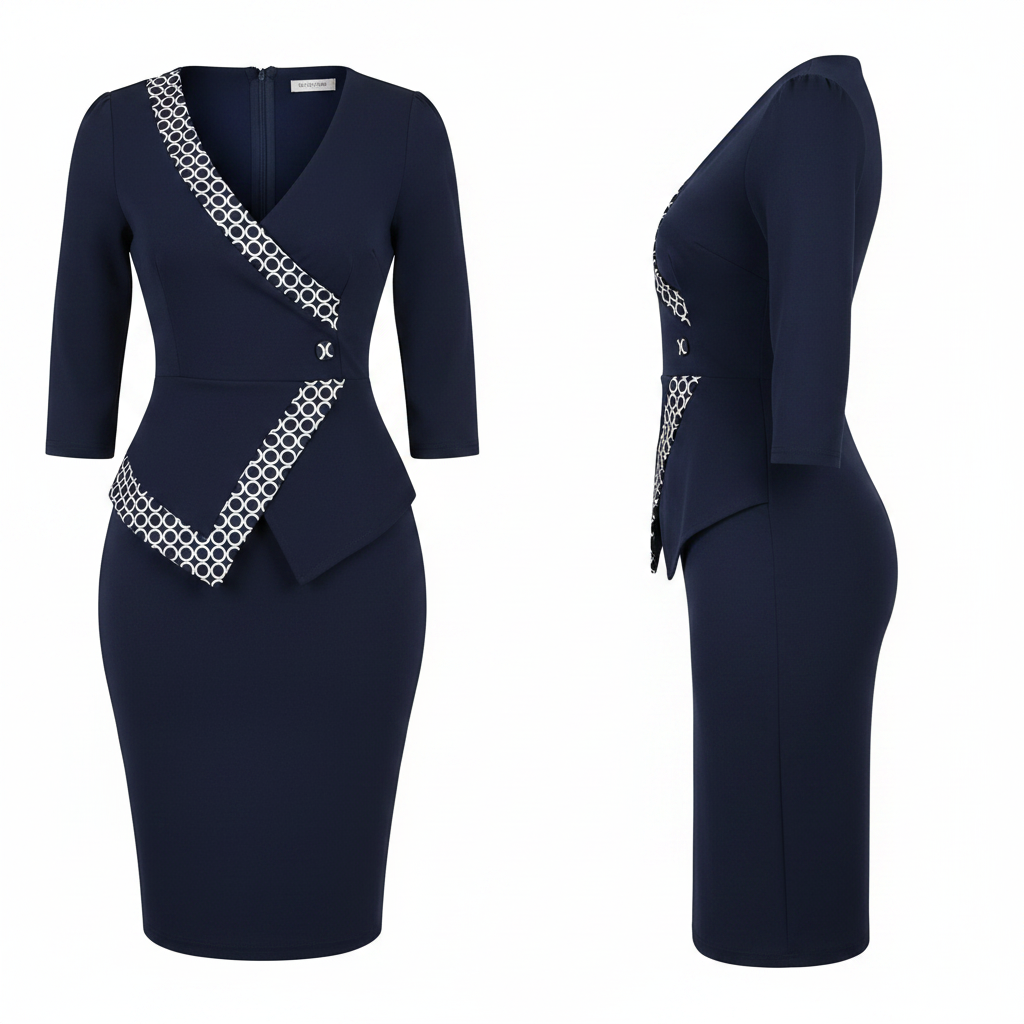 Women's Navy Blue Geometric Trim Wrap Bodycon Midi Dress – Ghost Mannequin Front and Side View