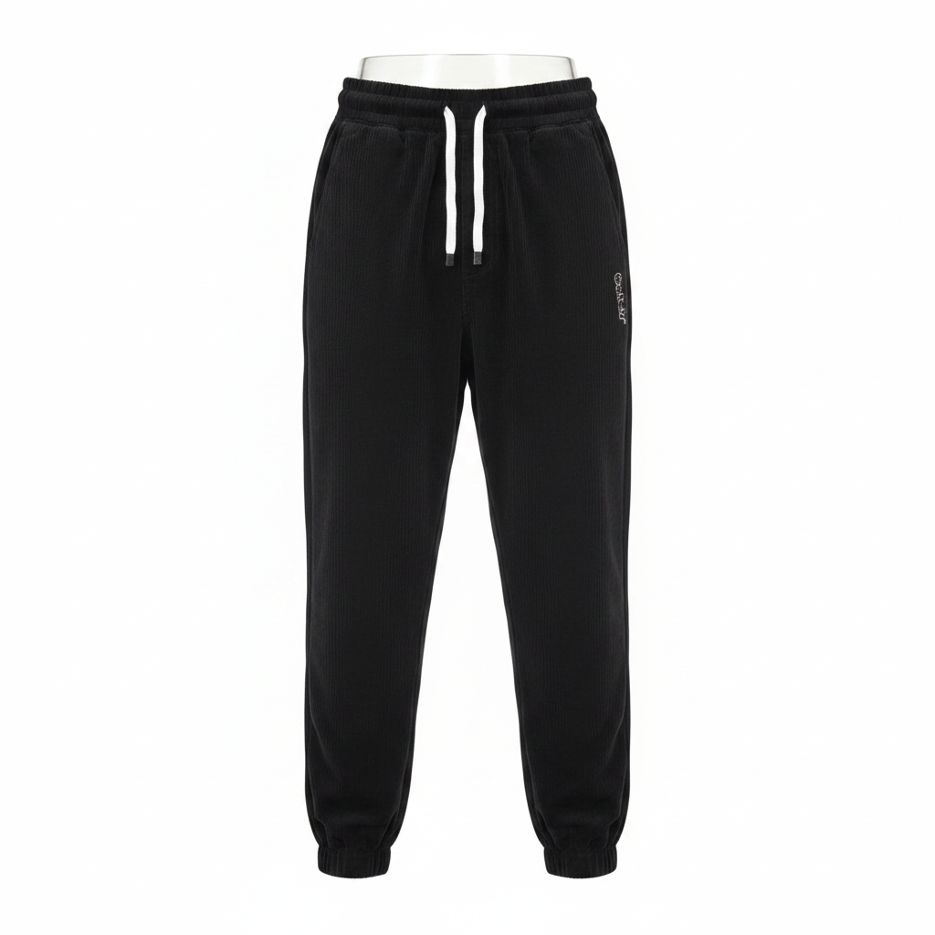 Black Corduroy Jogger Trousers – Ghost Mannequin Front