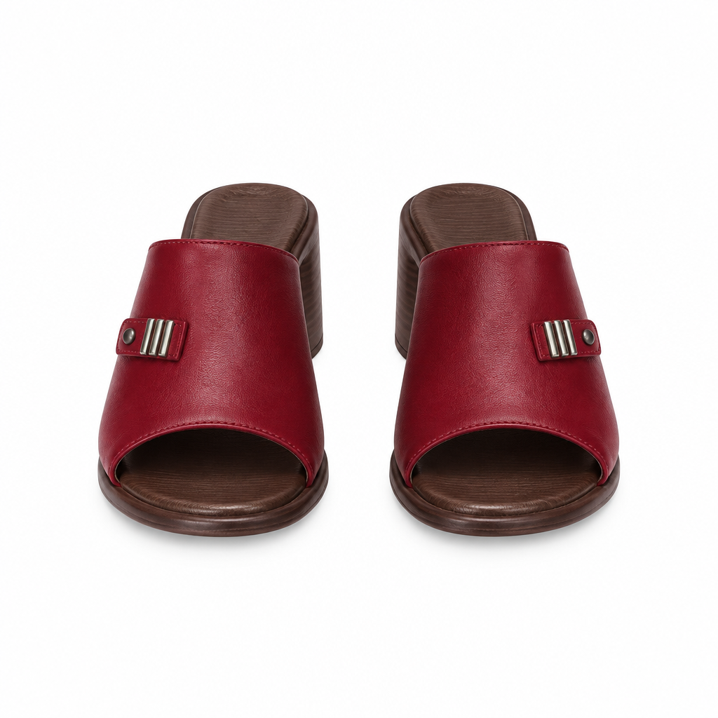 Red open-toe block heel slide sandals with three-bar silver-tone trim