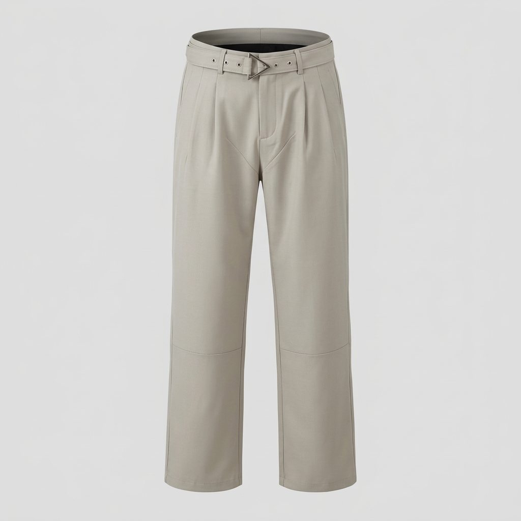 Light beige belted pleated trousers, ghost mannequin front view
