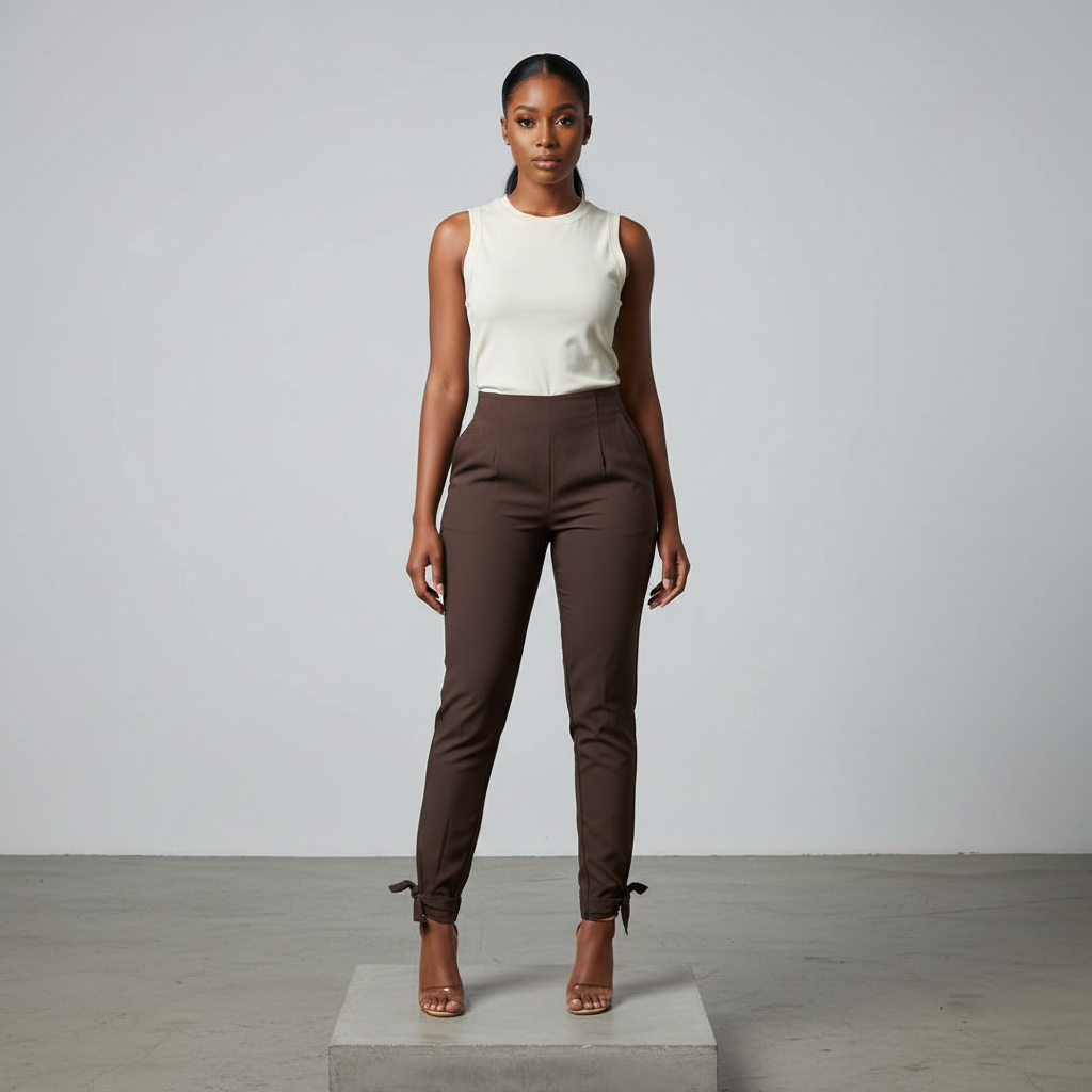 Dark Brown Slim Tie-Hem Trousers - Model Front