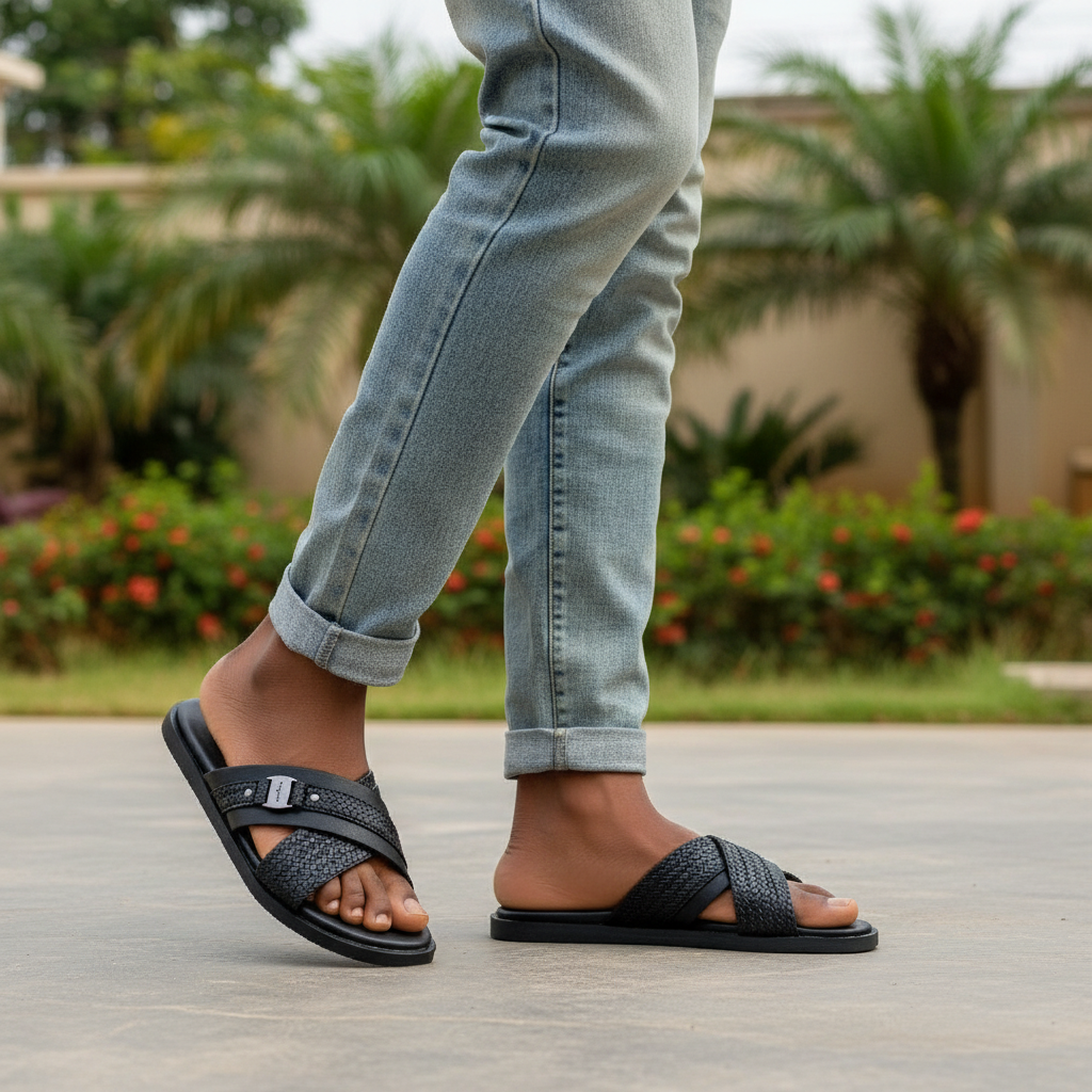 Nigerian male model Gen Z style wearing black woven cross-strap slide slipper — leg focus