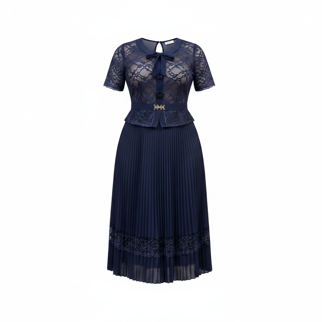 Women's Lace Bodice Pleated Midi Dress - Ghost Mannequin Navy Blue