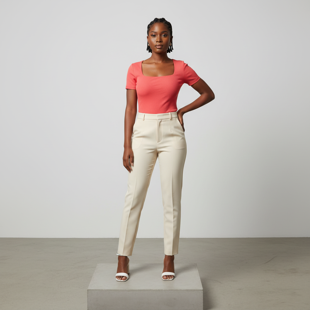 Coral Square-Neck Ribbed Short-Sleeved Shirt - Model Front